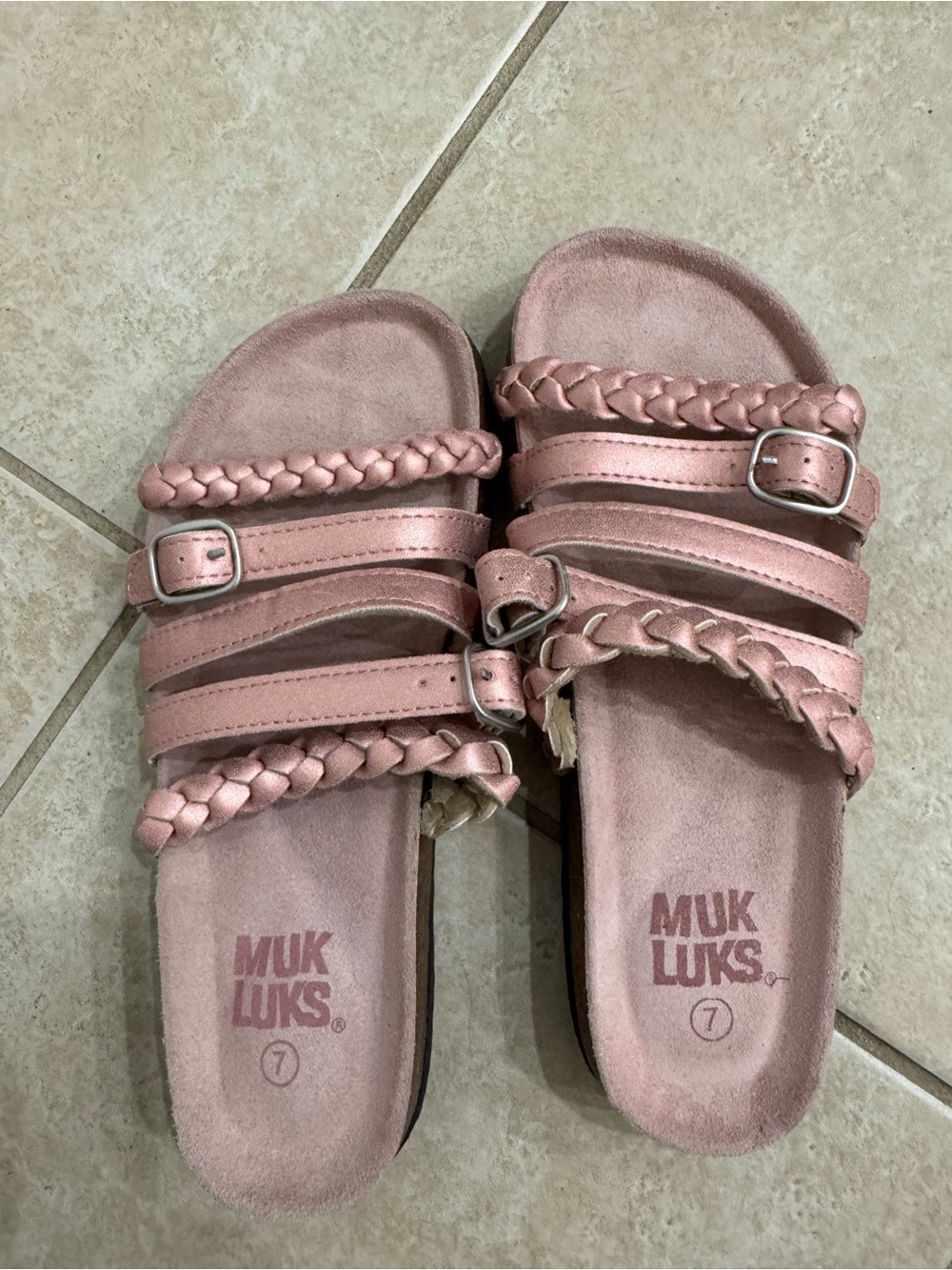 Muk Luks Pink Braided Strap Slide Sandals